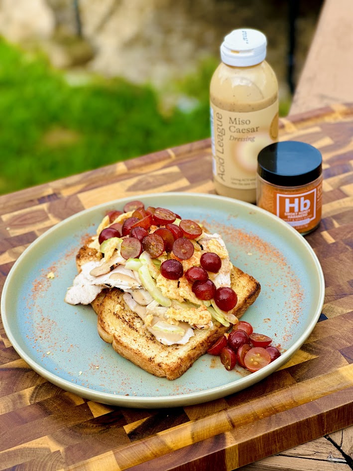 Miso Caesar Chicken Salad Tartine with Smoky Honey Habanero Grapes