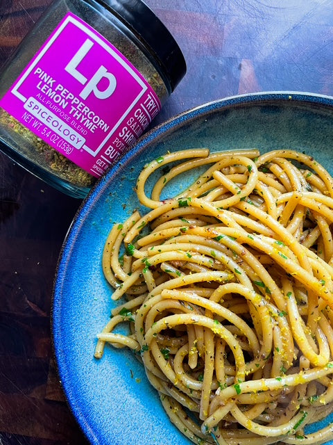 Pink Peppercorn Lemon Thyme Bucatini Aglio e Olio – Spiceology