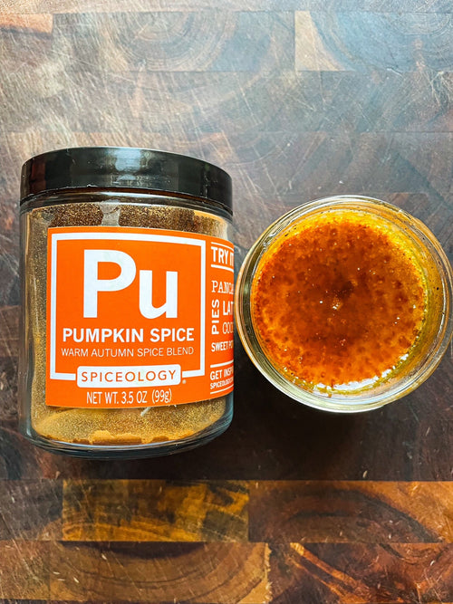 Jar of Spiceology Pumpkin Spice next to a finished  Creme Brûlée