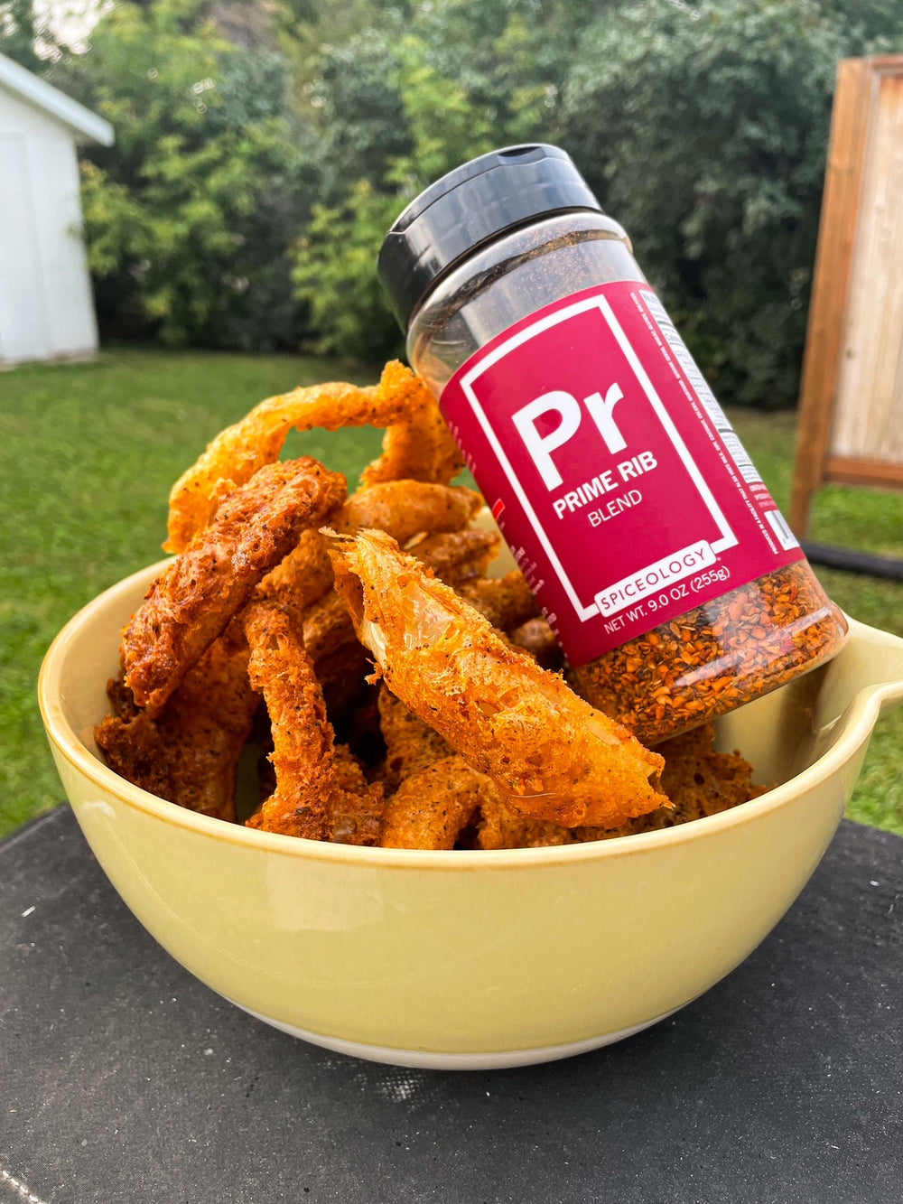 Spiceology Prime Rib Costco jar next to bowl of fresh-battered onion rings