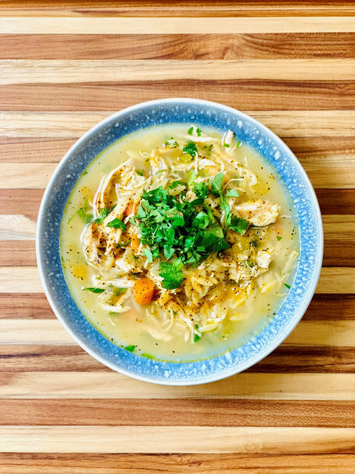 Buffalo Lemon Pepper Chicken Orzo Soup