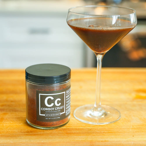 Espresso Martini next to a Spiceology Cowboy Crust jar