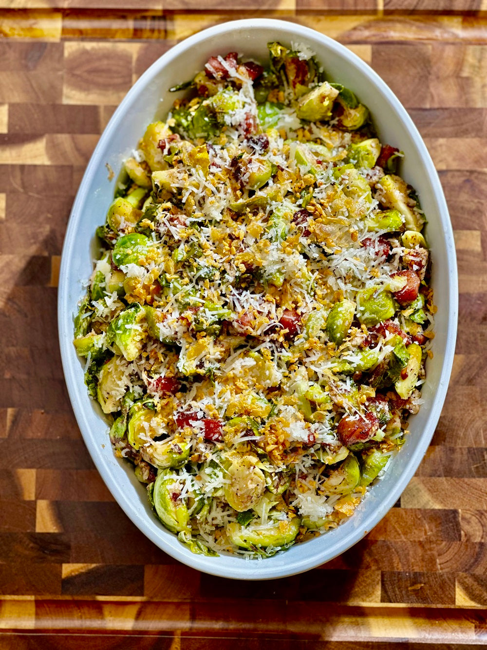 Dish of Salt Pepper Garlic Cacio e Pepe Brussels Sprouts 