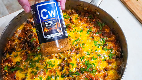 Cowboy Butter Cheesy Beef, Beans, and Rice Skillet