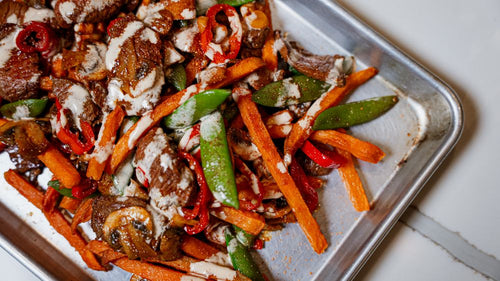 Stacked Smoky Honey Habanero Beef Stir Fry Loaded Sweet Potato Fries