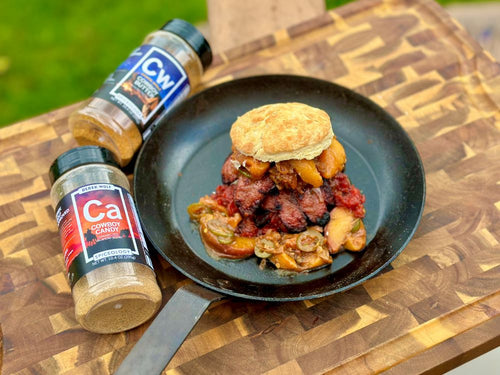 Smoked Sausage Toast with Cowboy Candy Tomato Jam & Cowboy Butter Peach Chutney