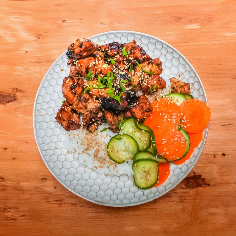 Plated Chicken & Rice with Quick Pickles