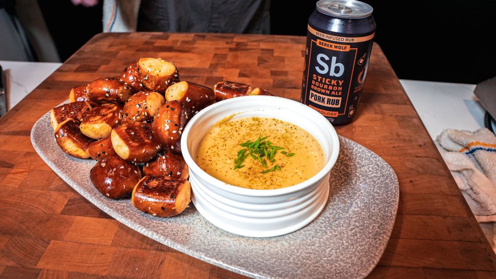 King's Hawaiian Pretzel Bites with Sticky Bourbon Brown Ale Beer Cheese