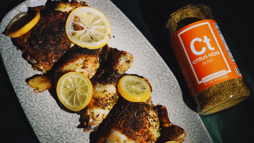 Citrus Herb Quartered Roasted Chicken with Candied Lemon Slices