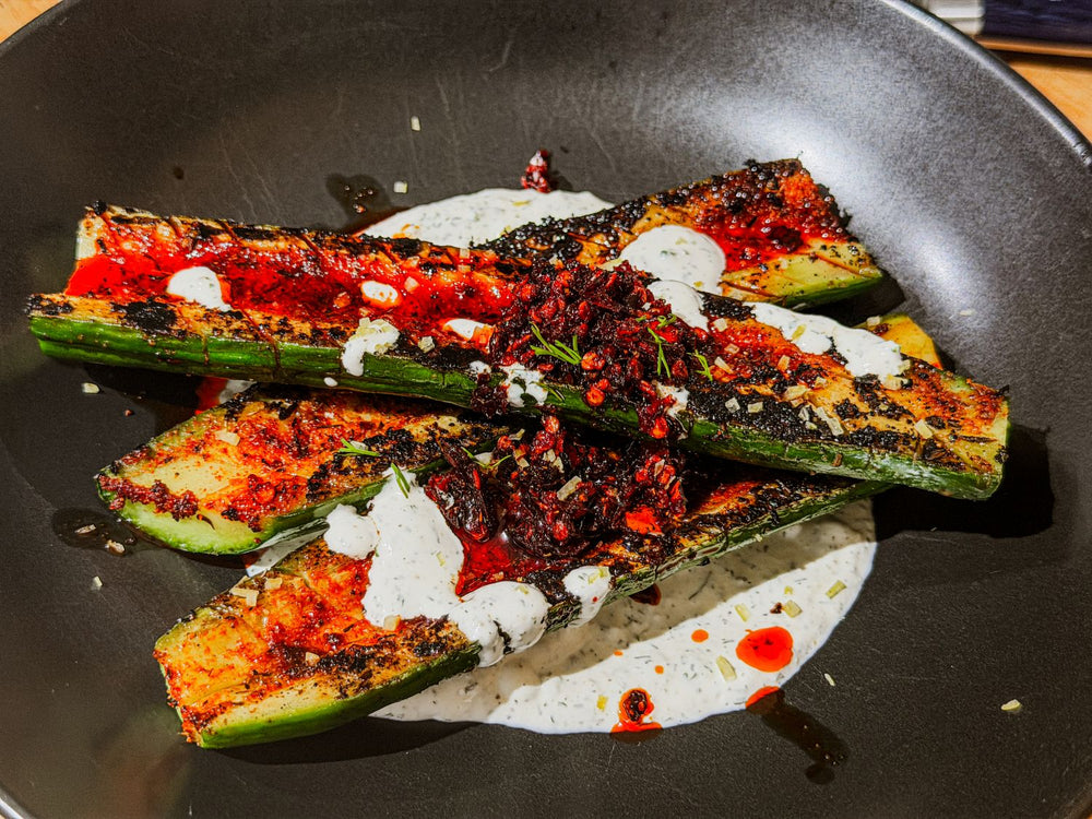 Blackened Black Magic Cucumbers with Really Ranch and Chili Crisp