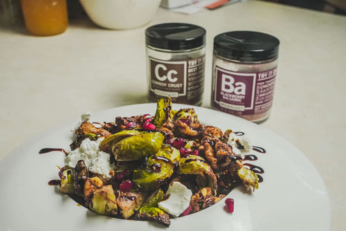 Spiceology Blackberry Balsamic Roasted Brussels Sprouts with Cowboy Crust Candied Walnuts