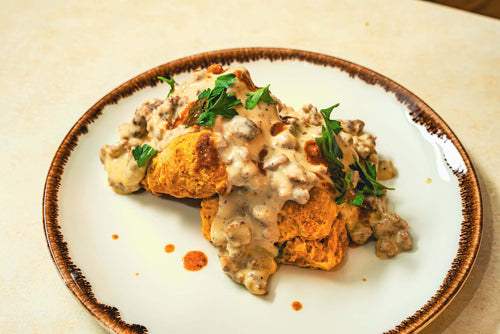 Spiceology Coastal Butter Cheddar Jalapeno Biscuits & Gravy with Black & Bleu Hot Sauce Recipe