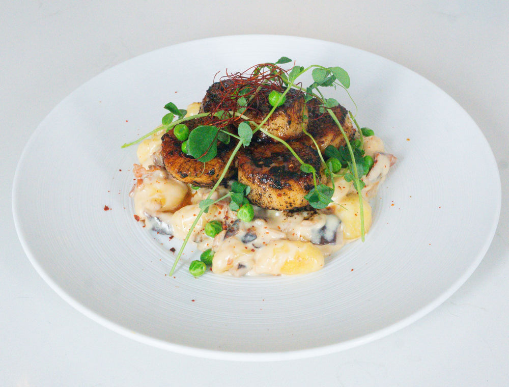 Black & Bleu Scallops with Mushroom and Pea Gnocchi