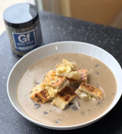 Spiceology Greek Freak Brie Panini Croutons with Mushroom Soup