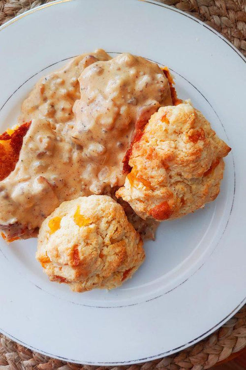 Cheddar Drop Biscuits & Maple Bourbon Bacon Burger Gravy