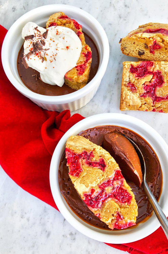 Chipotle Chocolate Pot de Crème with Raspberry Blondies