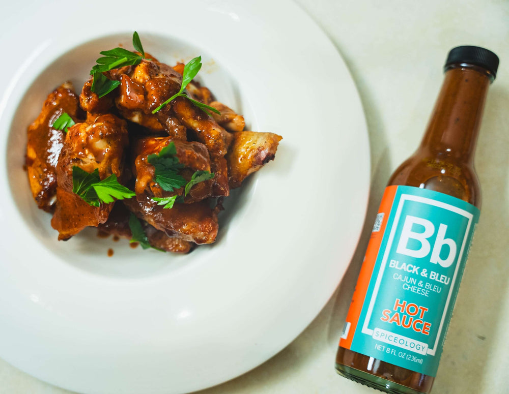 Spiceology Black & Bleu Hot Sauce-Brined Chicken Wings Recipe