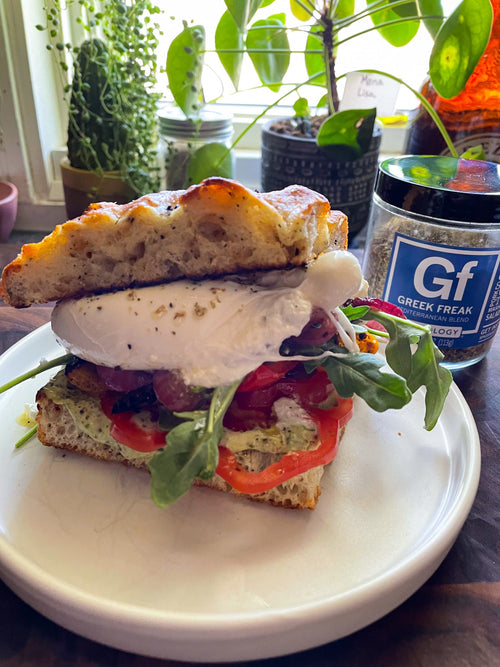 Greek Freak-Roasted Veggie and Burrata Sandwich