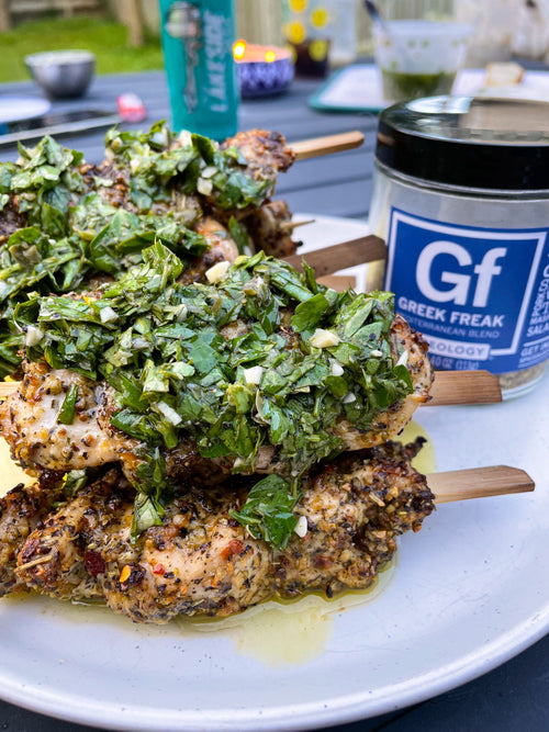 Greek Freak Chicken Skewers with Italian Salsa Verde