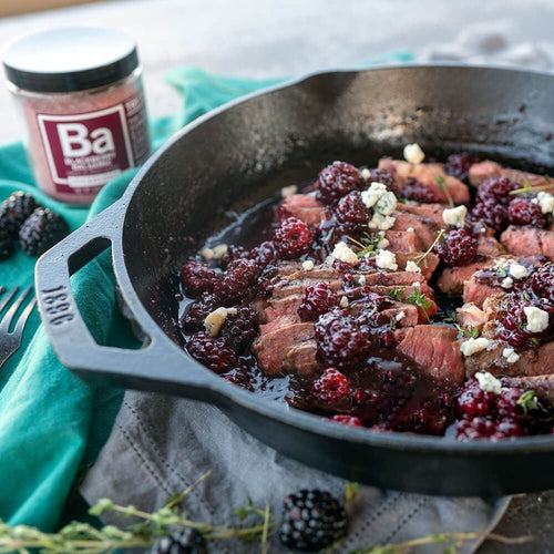 NY Strip Steak with Boozy Balsamic Blackberries