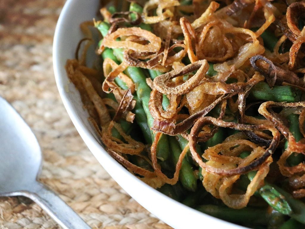 Green bean casserole with crispy shallots