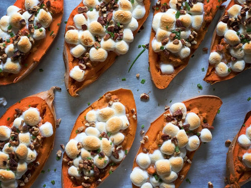 Jamaican Jerk twice baked sweet potatoes with marshmellows