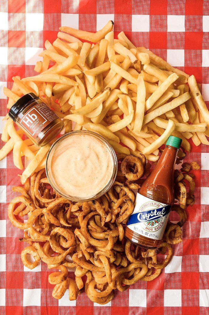 Vegan fry sauce with regular fries and curly fries