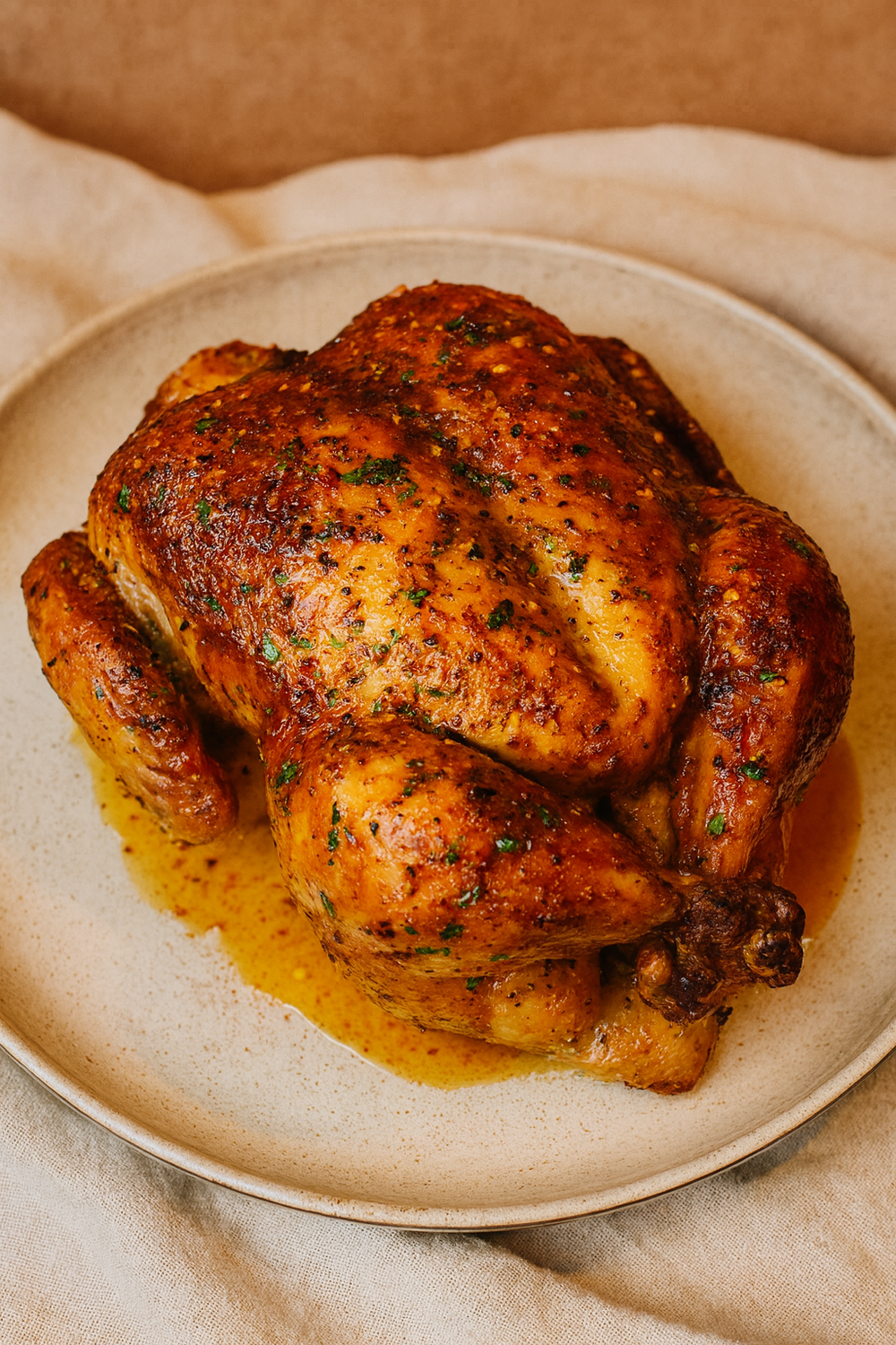 Whole golden roasted chicken on a white plate