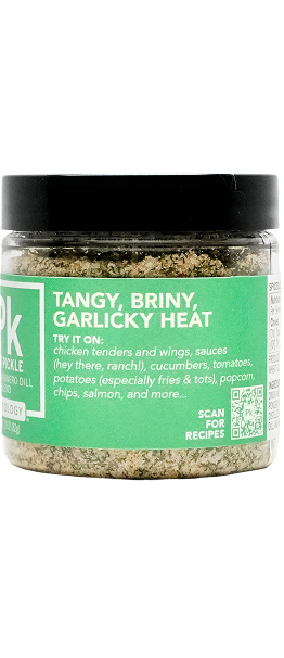 Side view of Spiceology Hot Pickle with a green label on a white background
