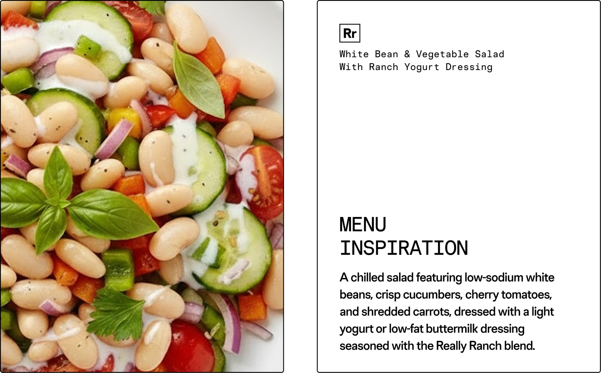 Colorful salad with white beans, vegetables, and a text description of the dish.