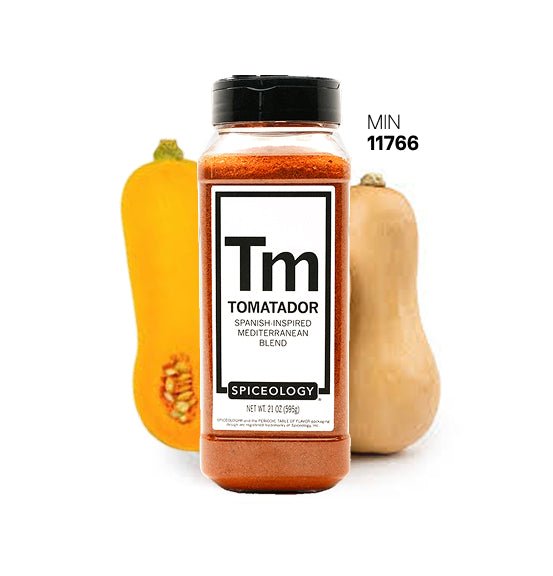 Spiceology Tomatador jar with a butternut squash on a white background