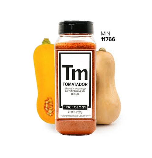 Spiceology Tomatador jar with a butternut squash on a white background