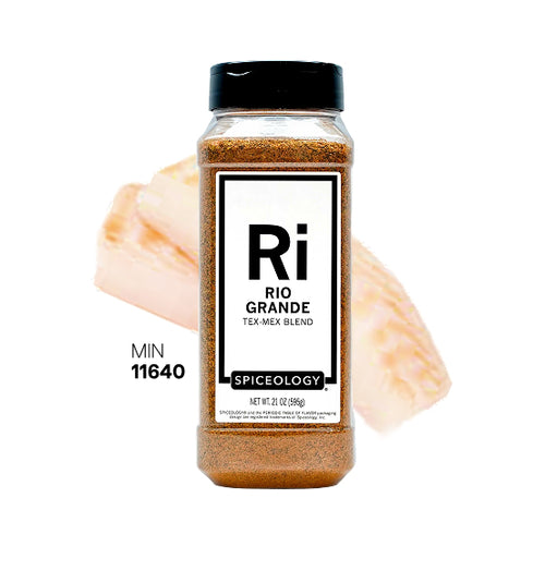 Spiceology Rio Grande jar with a sliced fish on a white background