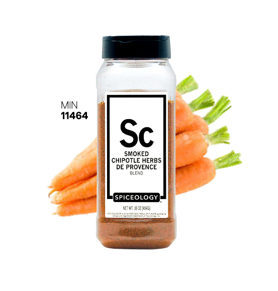 Spiceology Smoked Chipotle Herbs De Provence jar with orange carrots on a white background