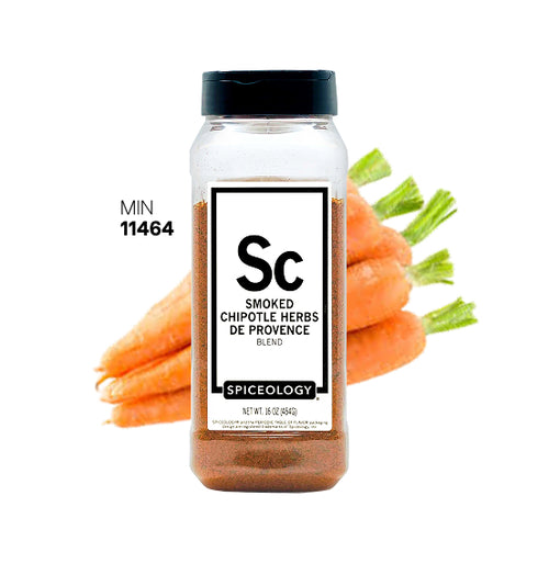 Spiceology Smoked Chipotle Herbs De Provence jar with orange carrots on a white background