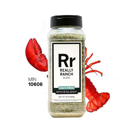 Spiceology Really Ranch Salt Free jar in front of a red lobster on a white background