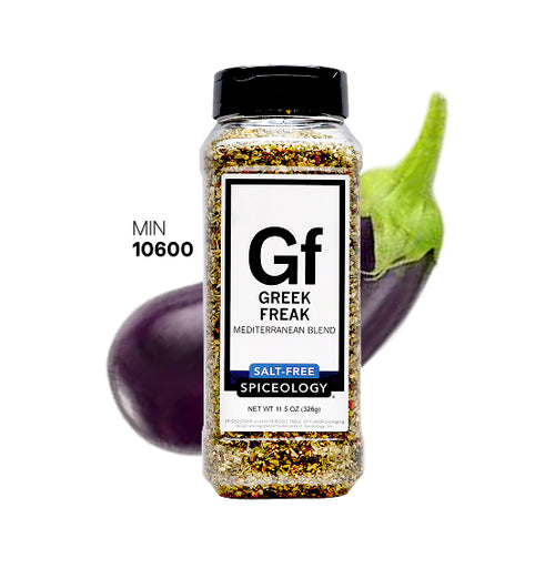Spiceology Greek Freak jar with a purple eggplant on a white background
