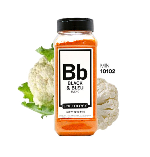 Spiceology Black and Blue jar with a head of cauliflower on a white background