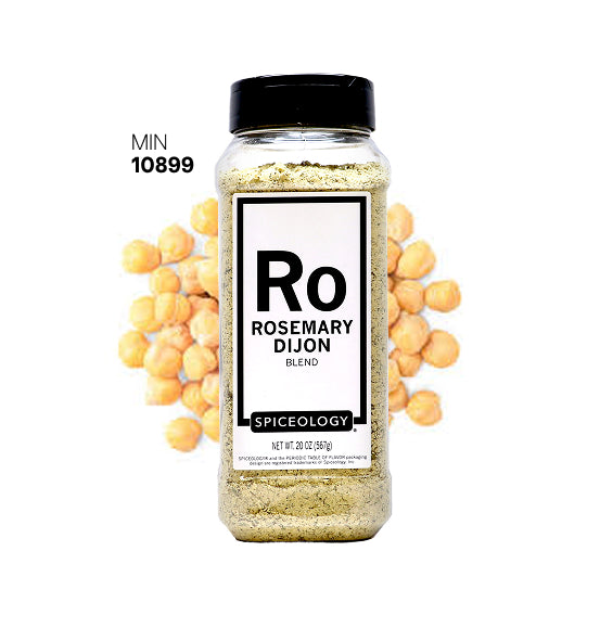 Spiceology Rosemary Dijon jar with chickpeas on a white background
