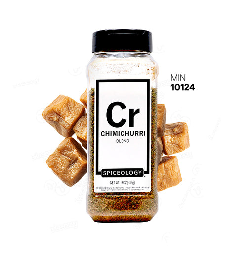 Spiceology Chimichurri jar with golden croutons on a white background