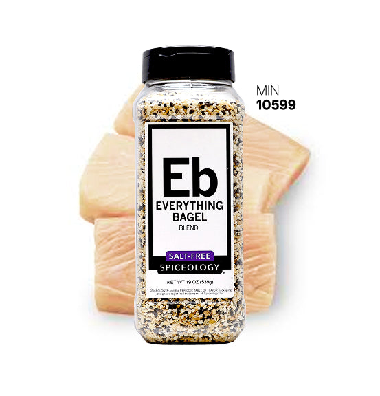 Spiceology Everything Bagel jar with sliced fish on a white background