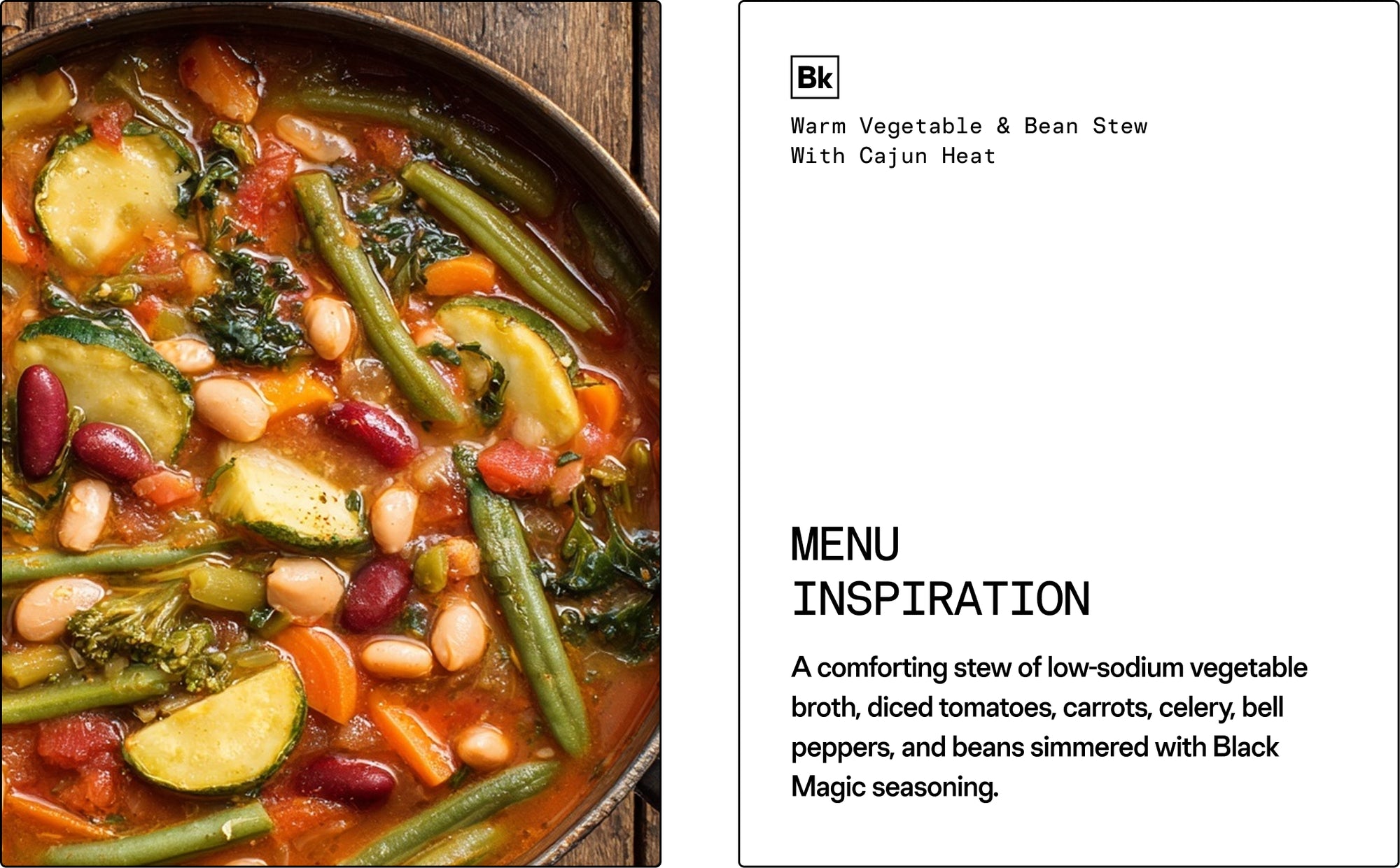 Vegetable and bean stew with text about menu inspiration