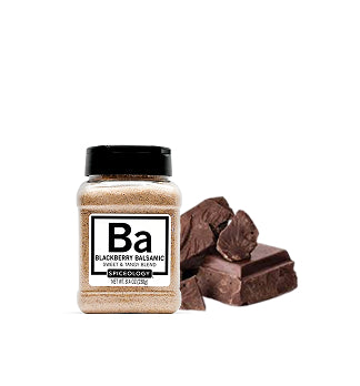 Spiceology Blackberry Balsamic spice jar with dark chocolate pieces on a white background