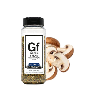 Spiceology Greek Freak jar with sliced mushrooms on a white background