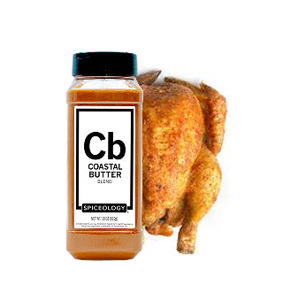 Spiceology Coastal Butter spice jar with a roasted chicken on a white background