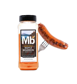 Spiceology Maple Bourbon spice jar with a grilled sausage link on a white background