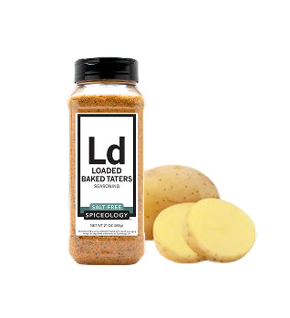 Spiceology Loaded Baked Taters spice jar with golden potatoes on a white background