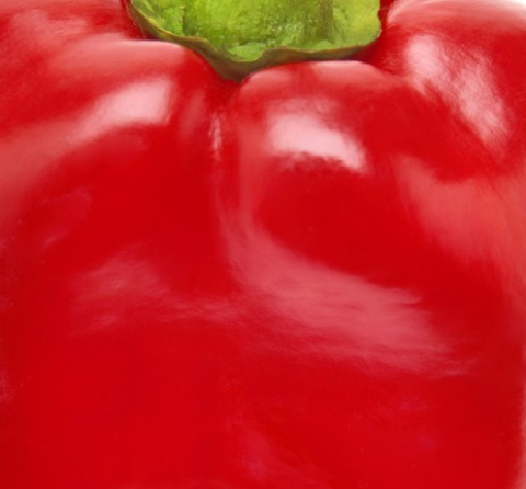 Close-up of a red bell pepper with a green stem.