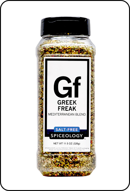 Spice container labeled 'Gf Greek Freak Salt-Free' by Spiceology on a white background