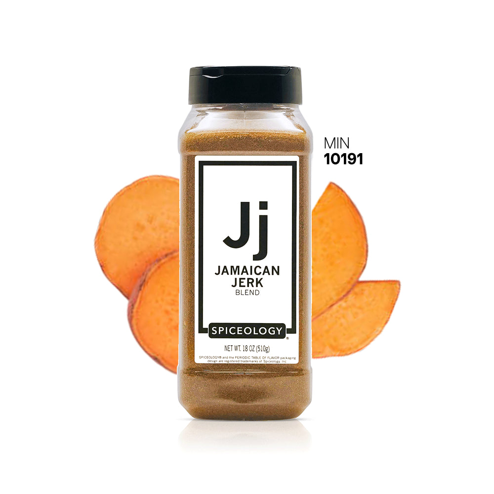 Spiceology Jamaican Jerk jar with a peach on a white background